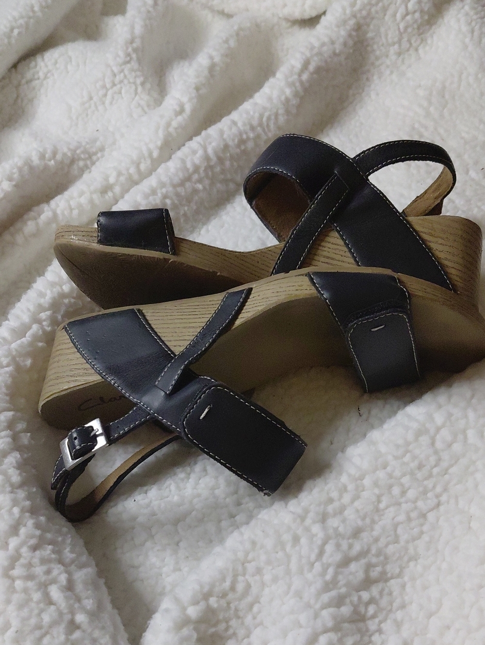 CLARKS ALTO DISCO Blue Leather Wedge Sandals